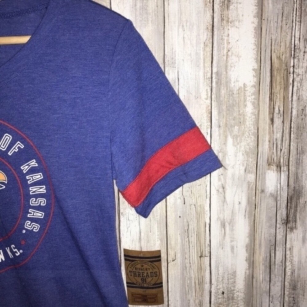 Kansas Jayhawks Women’s Tee Small Blue Red Stripe Sleeve NCAA KU Game Day Shirt - Picture 3 of 4